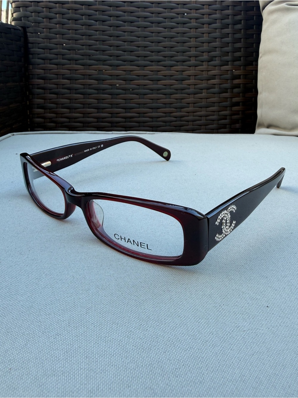 CHANEL Rectangular Crystal CC Logo Glasses in Deep Burgundy